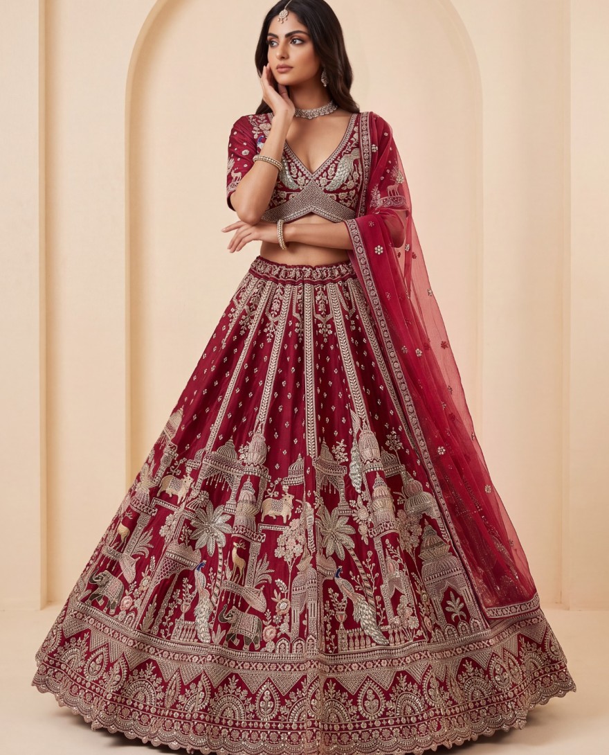 3074 - Maroon Bridal Cutdana-Work Embroidered Ethinc Motif Semi-Stitched Lehenga Choli
